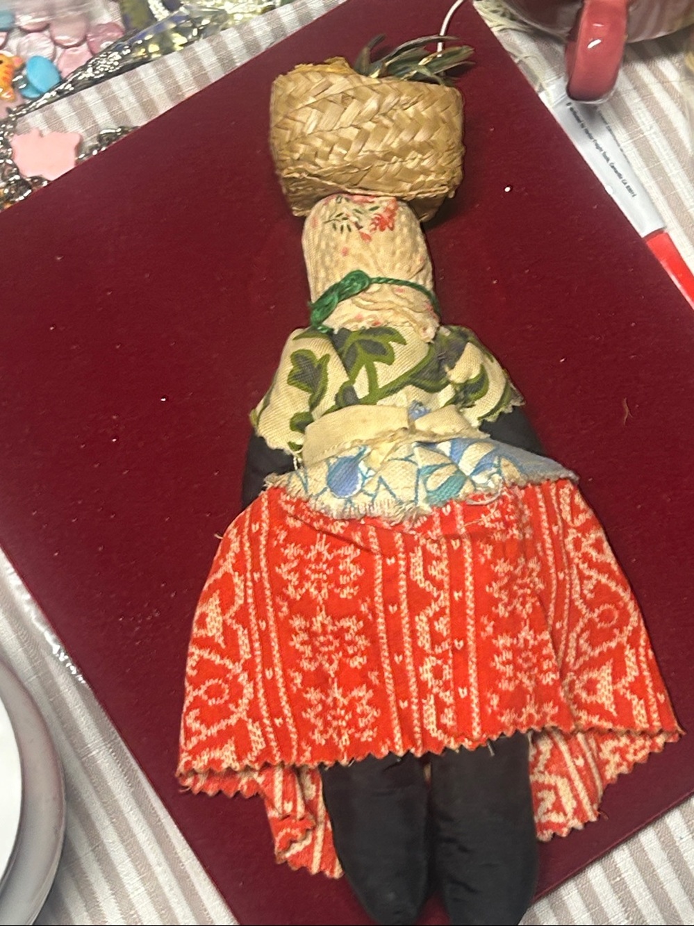 Handmade Red Skirt Folk Doll with Straw Hat - Picture 4 of 5